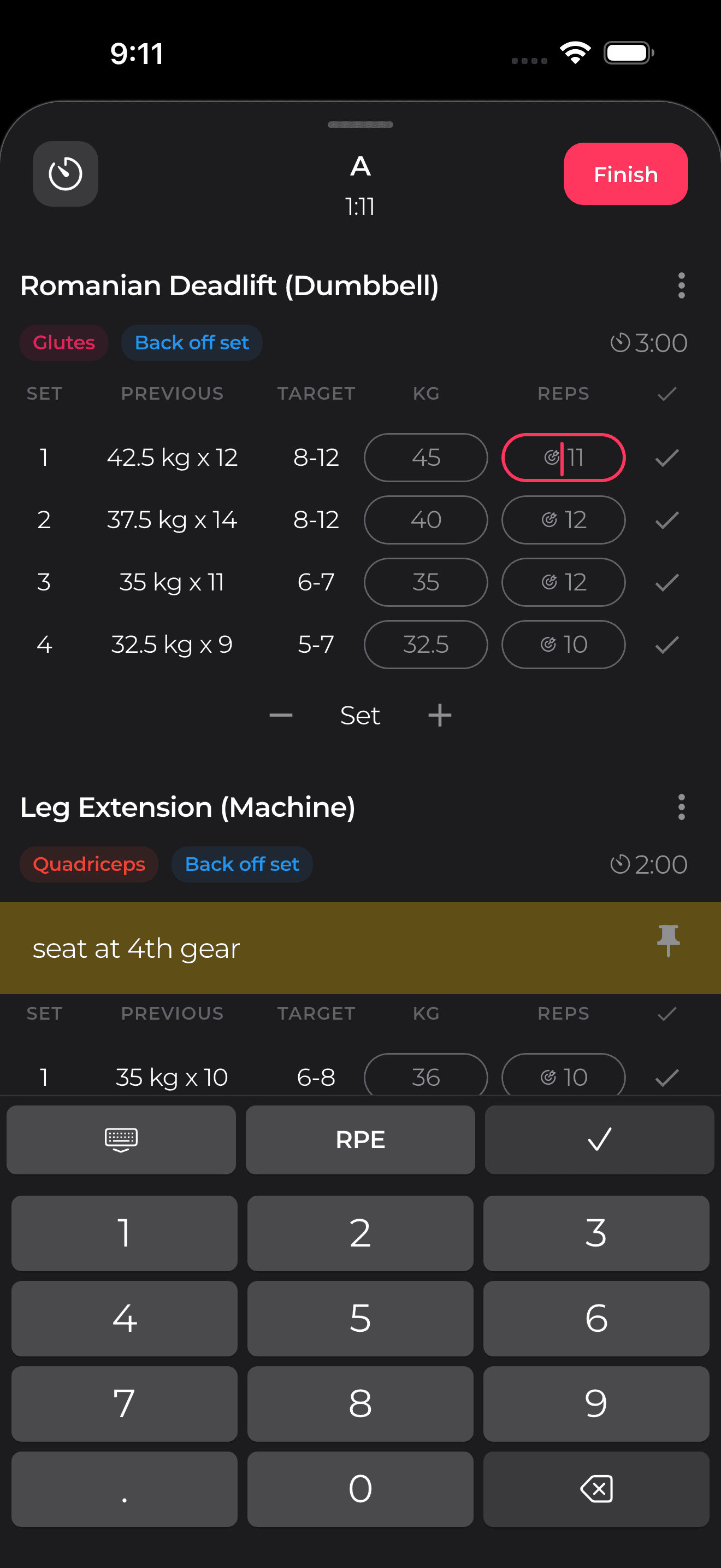 Olympian workout logging screen showing set targets, weight, and reps