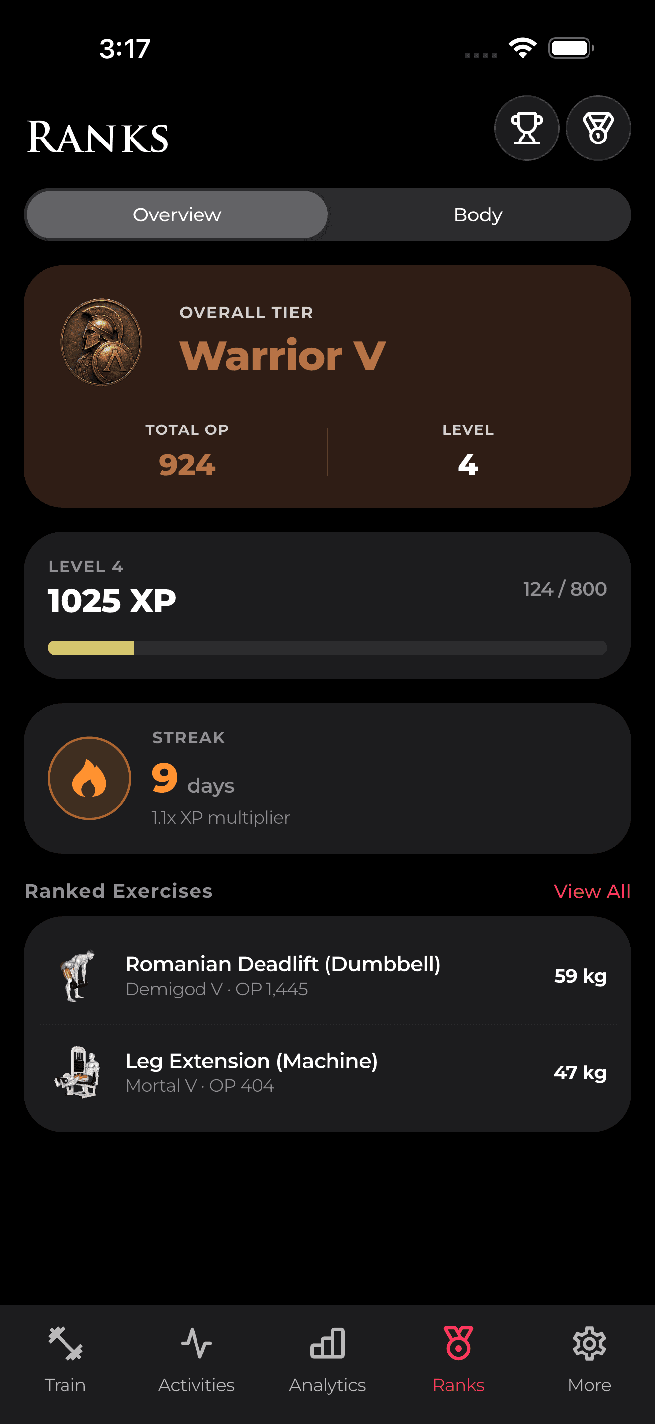 Olympian workout planner screen showing templates and quick start controls